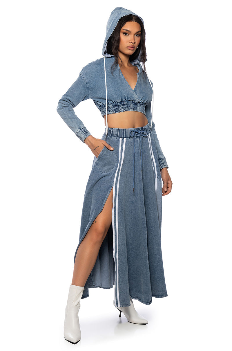 SWEET NOTHINGS STRIPED DENIM HOODED SWATSHIRT