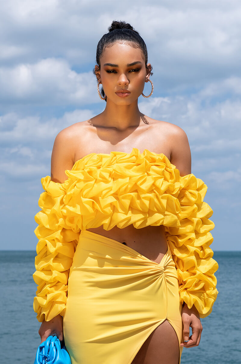 SWEET TALKER OFF THE SHOULDER LONG SLEEVE RUFFLE BLOUSE
