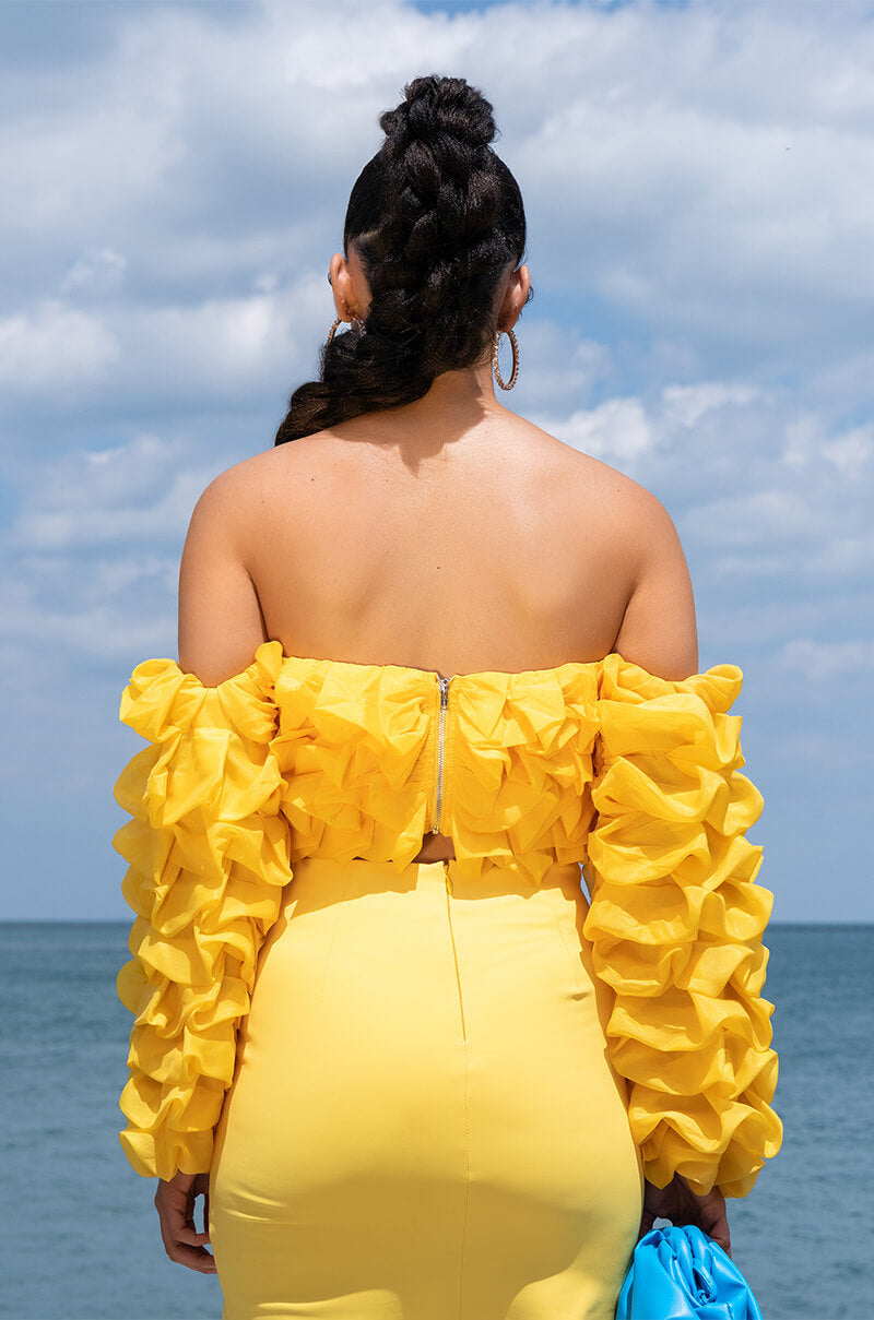 SWEET TALKER OFF THE SHOULDER LONG SLEEVE RUFFLE BLOUSE