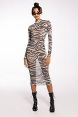 SWIRL PRINT MESH LONG SLEEVE MIDI DRESS