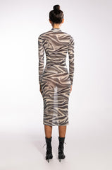 SWIRL PRINT MESH LONG SLEEVE MIDI DRESS