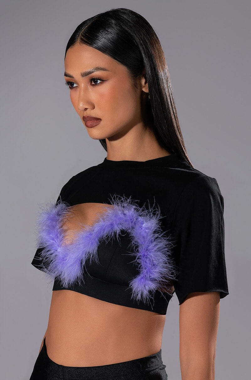 TAI FEATHER TRIM BRA AND ULTRA CROP TSHIRT SET