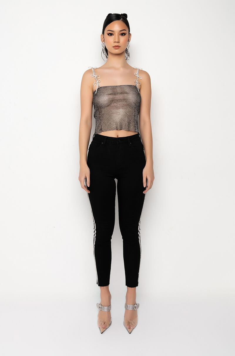 XENA RHINESTONE MESH BOW DETAIL CROPPED TANK