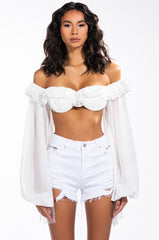 TALK FLIRTY TO ME OFF THE SHOULDER LONG SLEEVE RUFFLE BLOUSE