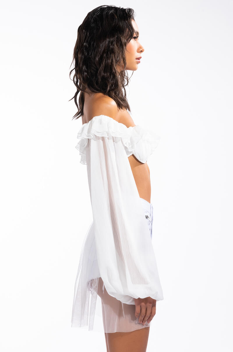 TALK FLIRTY TO ME OFF THE SHOULDER LONG SLEEVE RUFFLE BLOUSE
