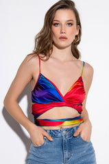 TASTE THE RAINBOW WRAP FRONT SLEEVELESS SATIN BLOUSE