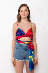 TASTE THE RAINBOW WRAP FRONT SLEEVELESS SATIN BLOUSE