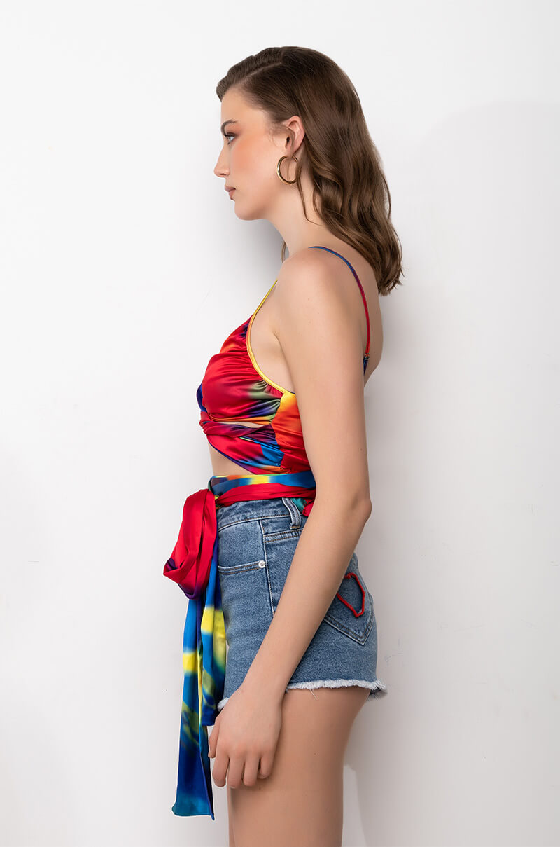 TASTE THE RAINBOW WRAP FRONT SLEEVELESS SATIN BLOUSE
