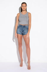 TASTY RHINESTONE DETAIL RIBBED CROP TANK
