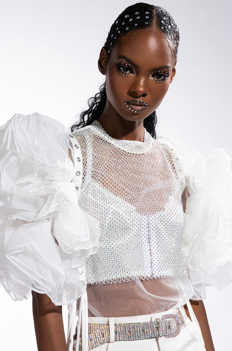 TEARS IN THE CLUB OPEN SIDES MOCK NECK RHINESTONE MESH BLOUSE