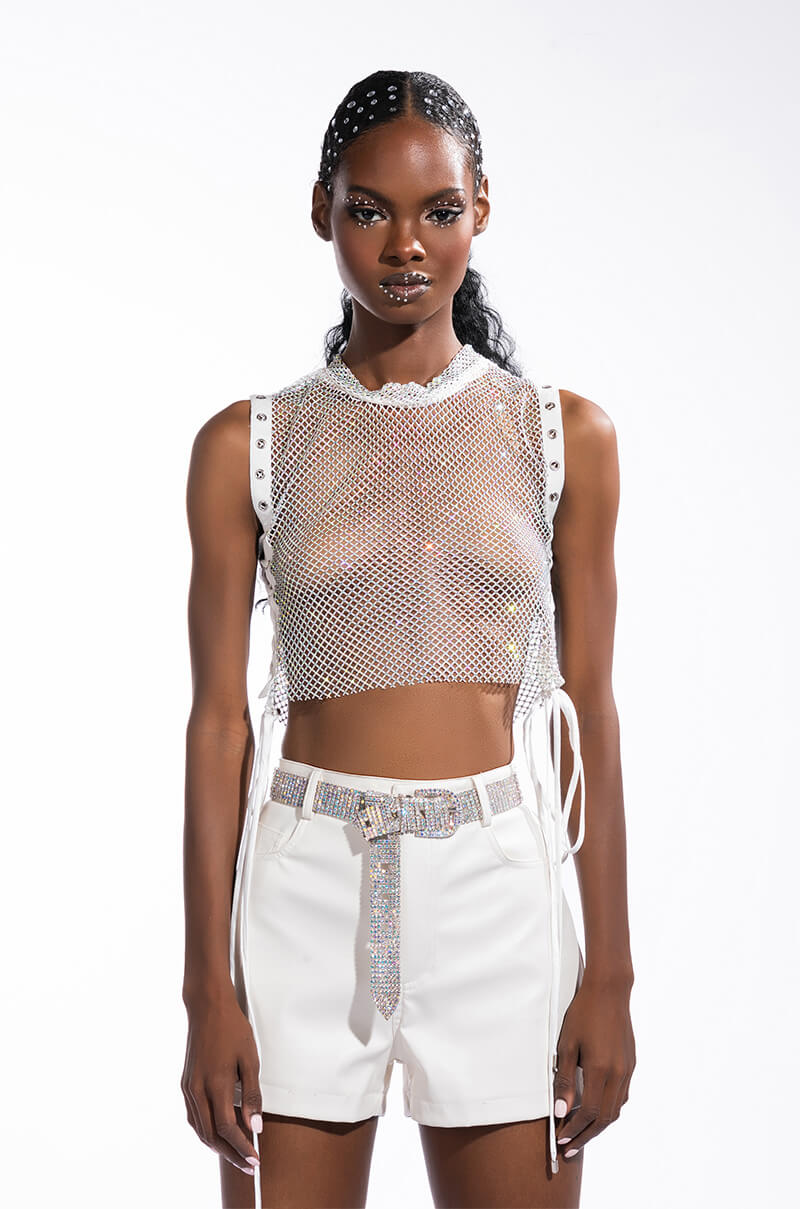 TEARS IN THE CLUB OPEN SIDES MOCK NECK RHINESTONE MESH BLOUSE