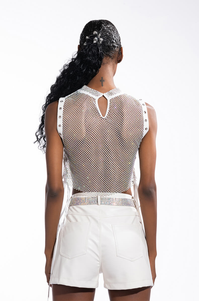 TEARS IN THE CLUB OPEN SIDES MOCK NECK RHINESTONE MESH BLOUSE