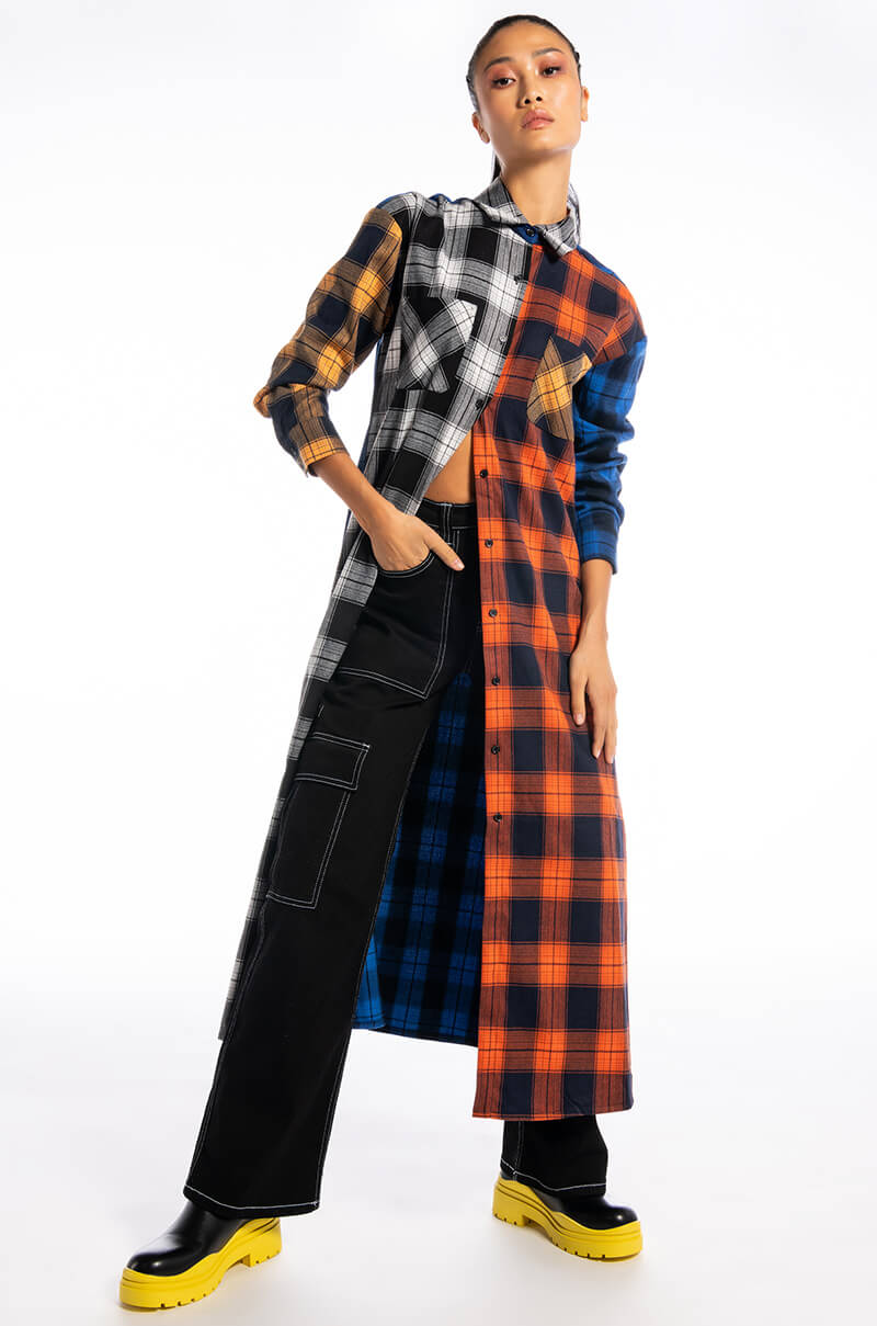 TEEN SPIRIT ULTRA LONG PLAID BUTTON DOWN