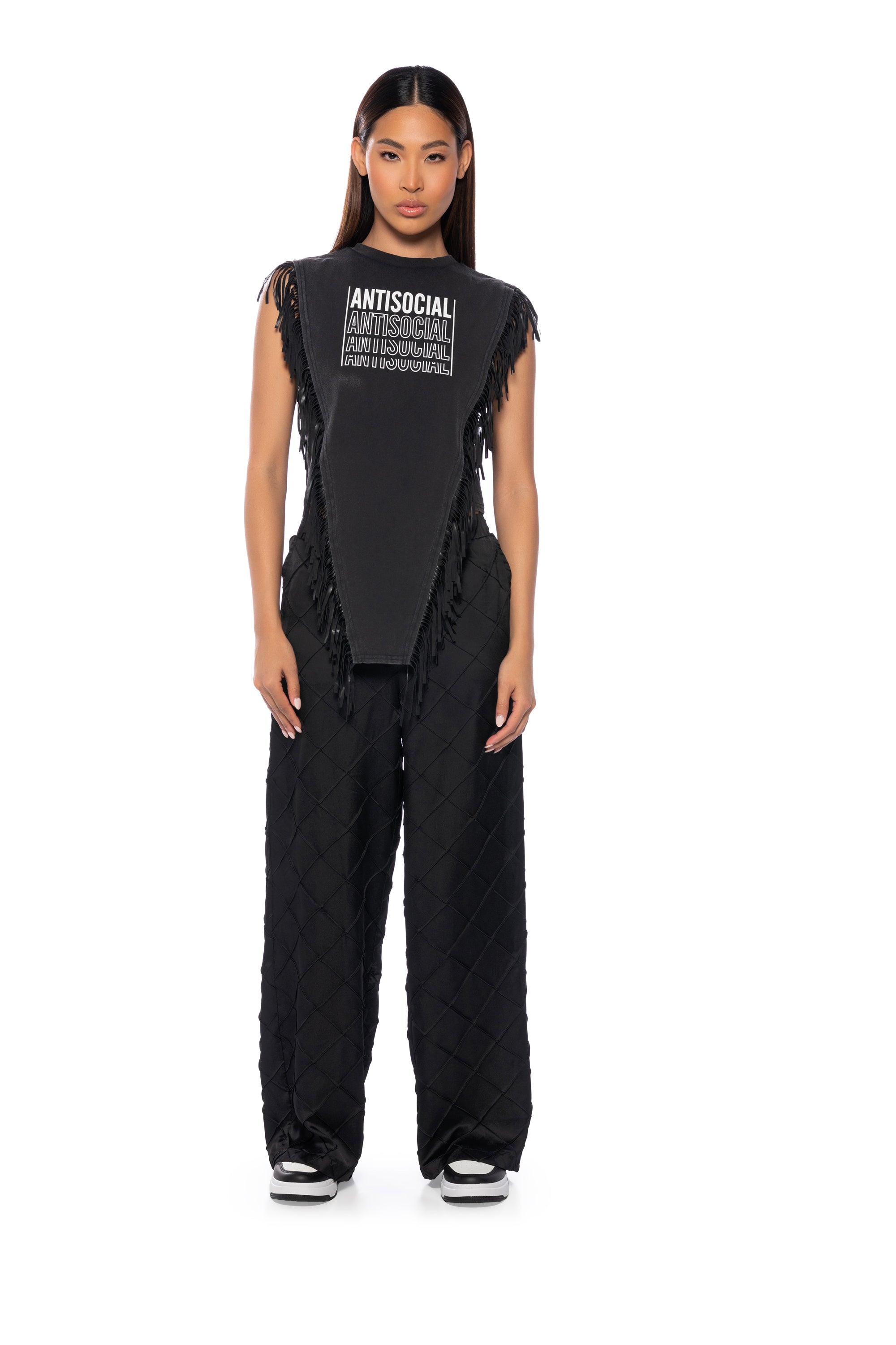 TEXTURED SATIN WIDE LEG TROUSER IN BLACK