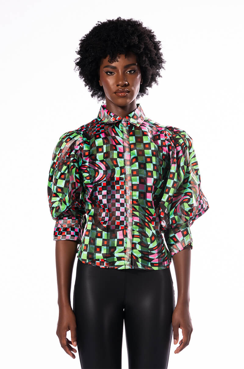 THAT GIRL IS POISON ORGANZA BUTTON DOWN BLOUSE