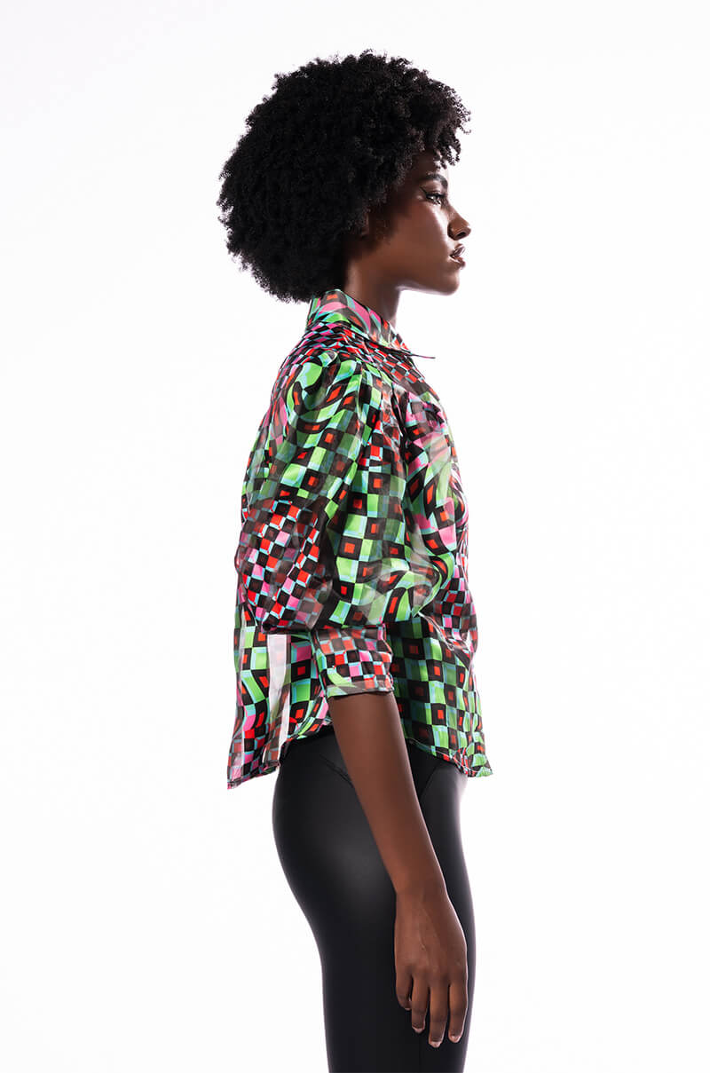 THAT GIRL IS POISON ORGANZA BUTTON DOWN BLOUSE