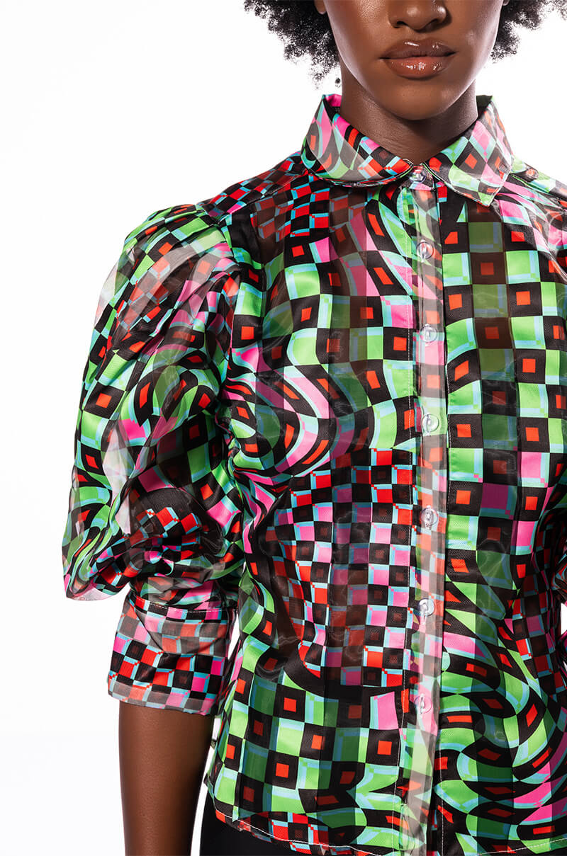 THAT GIRL IS POISON ORGANZA BUTTON DOWN BLOUSE
