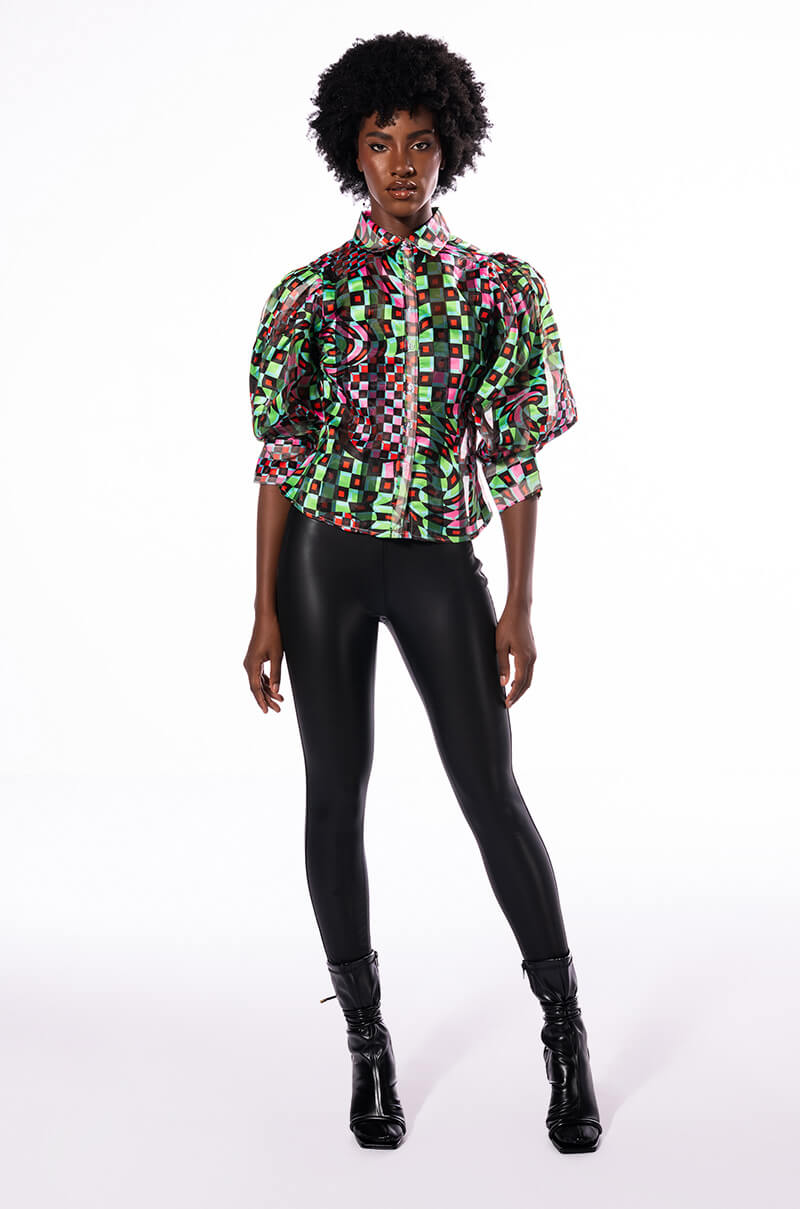 THAT GIRL IS POISON ORGANZA BUTTON DOWN BLOUSE