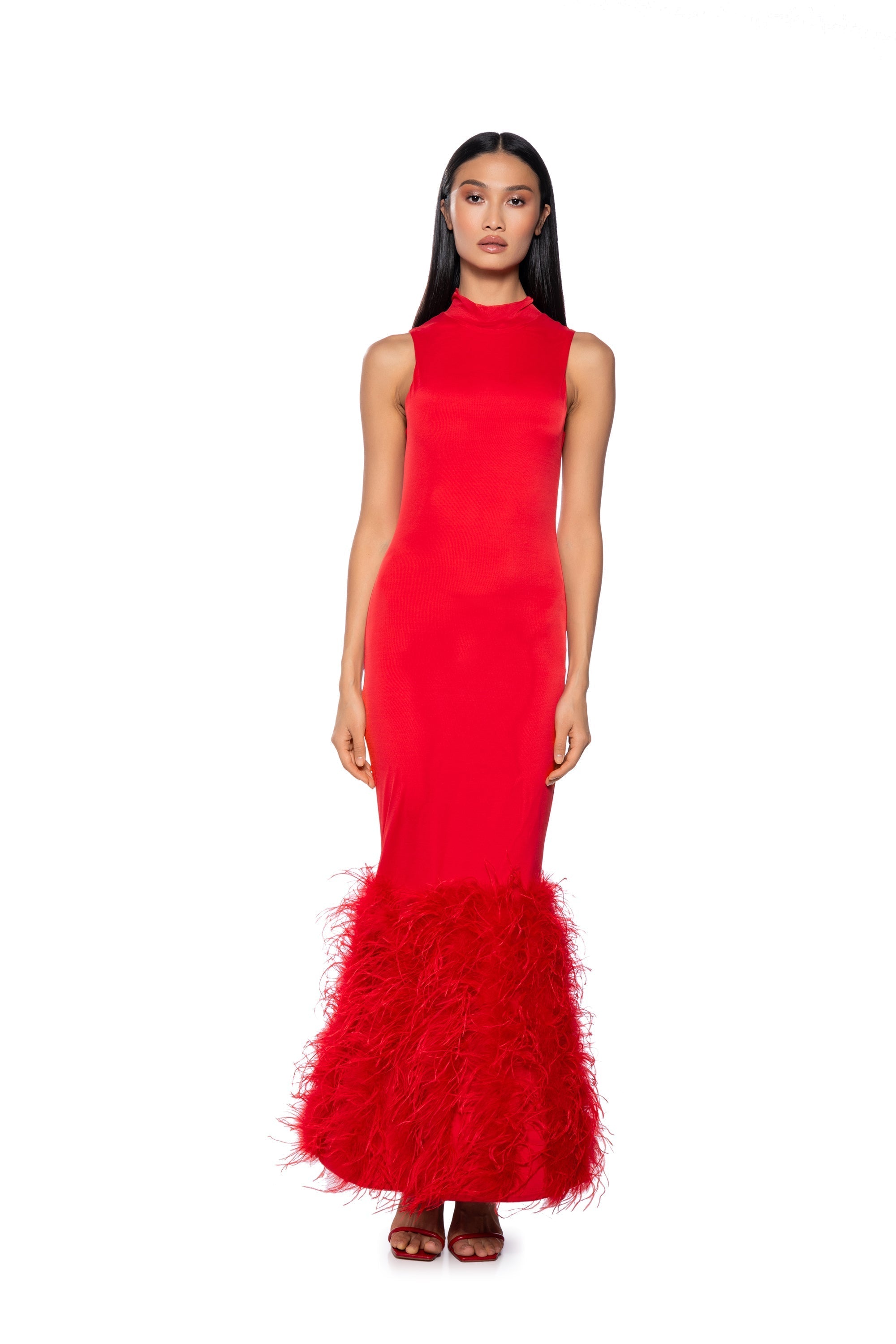 THE MOMENT MESH FEATHER MAXI DRESS