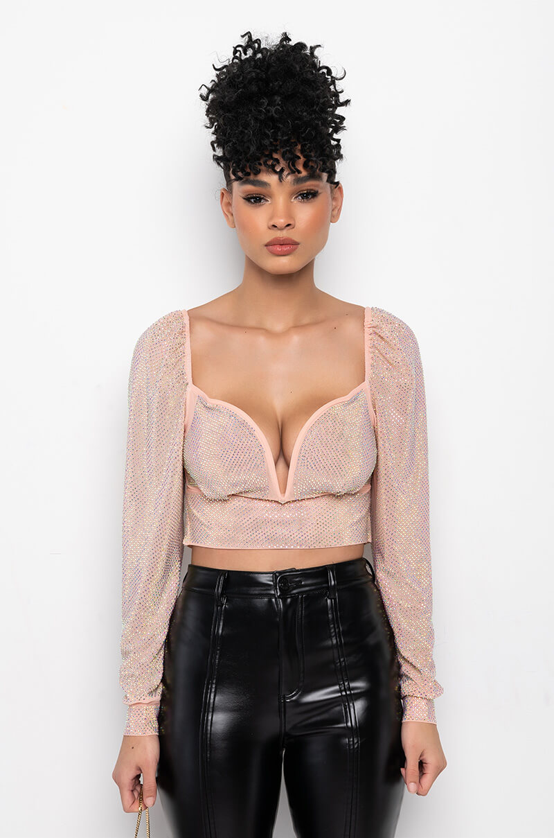THE SHOW GOES ON RHINESTONE MESH LONG SLEEVE BLOUSE