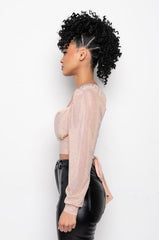 THE SHOW GOES ON RHINESTONE MESH LONG SLEEVE BLOUSE