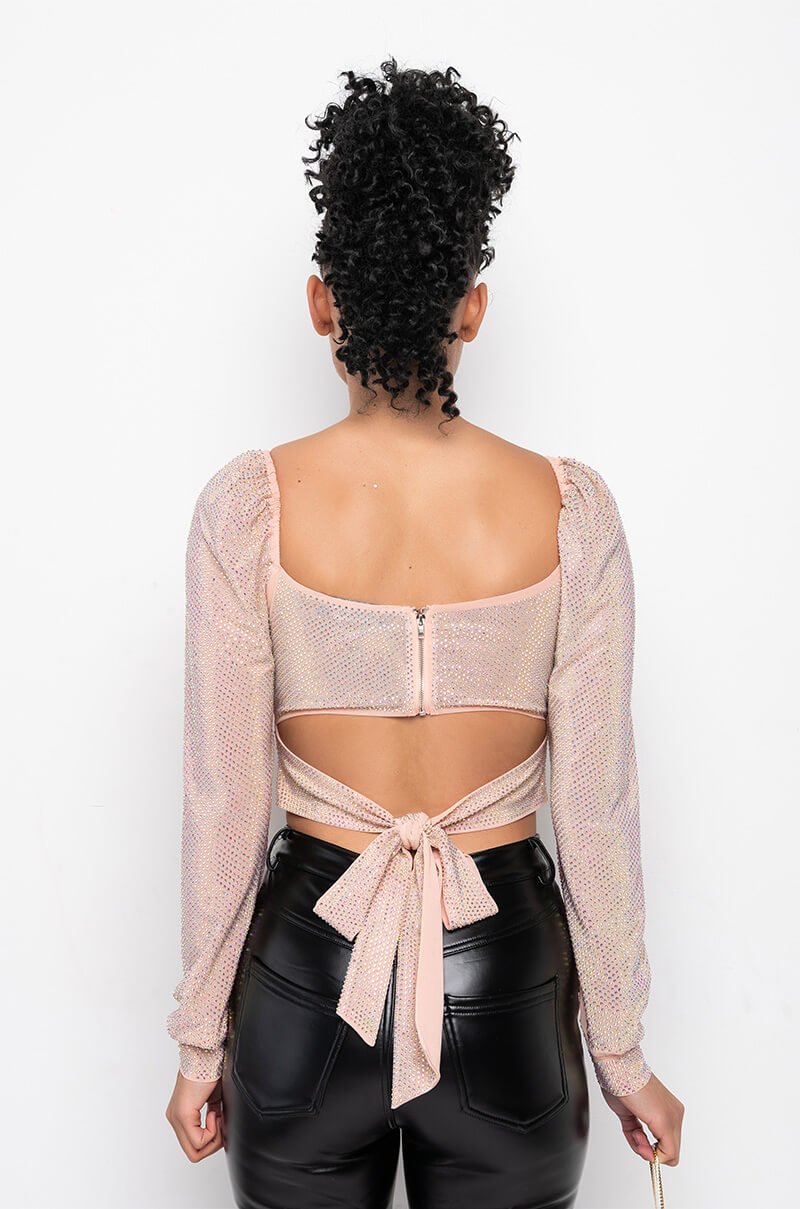 THE SHOW GOES ON RHINESTONE MESH LONG SLEEVE BLOUSE