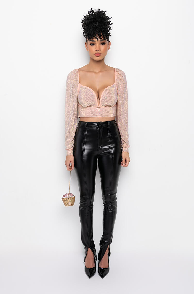 THE SHOW GOES ON RHINESTONE MESH LONG SLEEVE BLOUSE