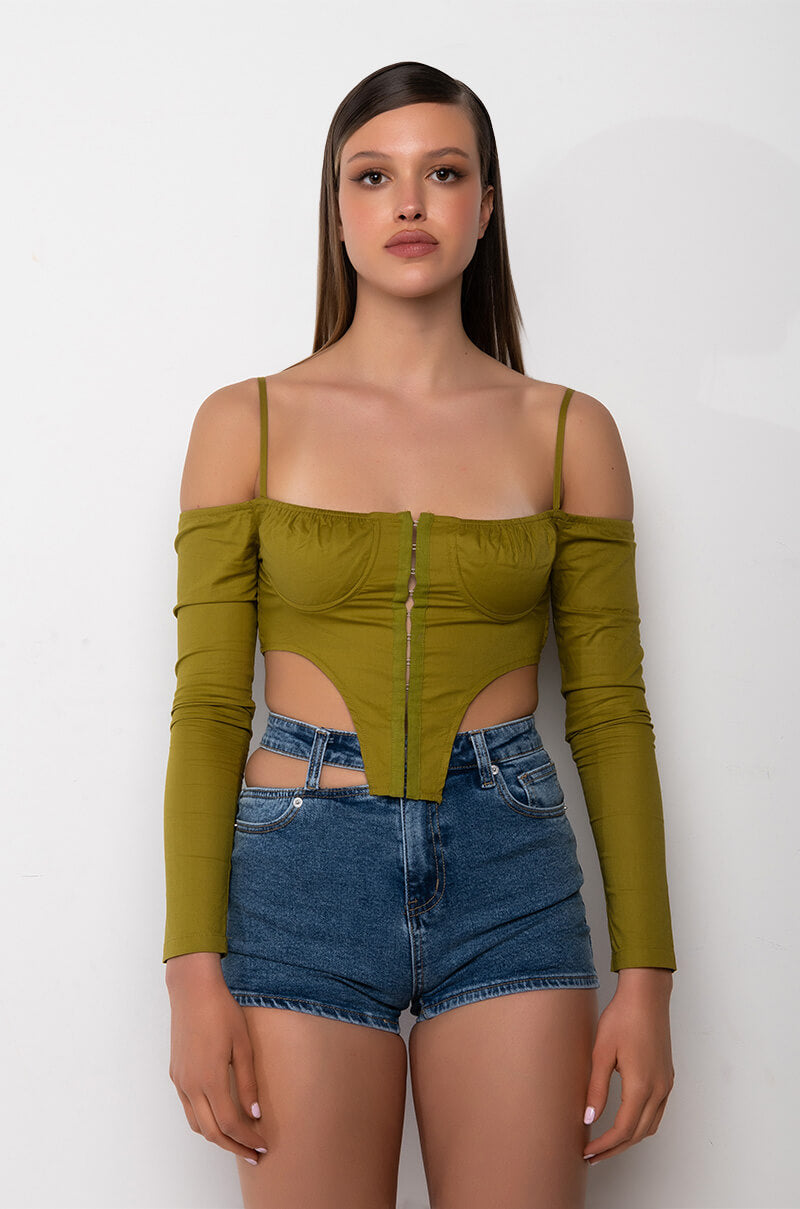 THE WORLD IS MINE OFF THE SHOULDER CROPPED CORSET BLOUSE