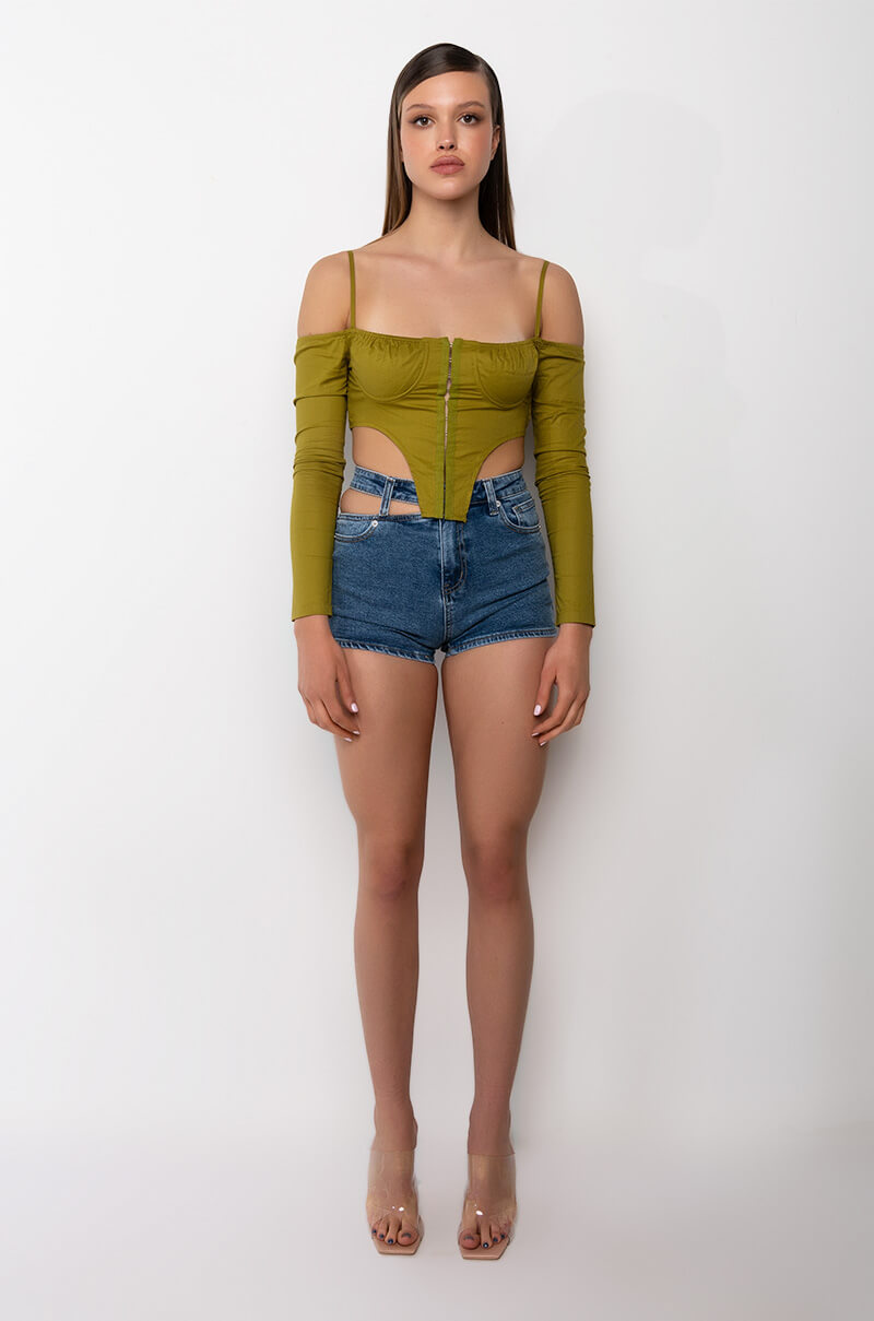 THE WORLD IS MINE OFF THE SHOULDER CROPPED CORSET BLOUSE