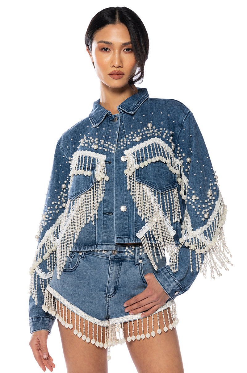 THE WORLD IS YOUR OYSTER PEARL TRIM DENIM SHORTS