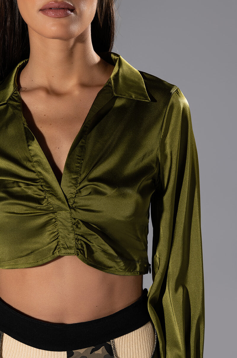 THINKING ABOUT FOREVER CROPPED SATIN BUTTON DOWN