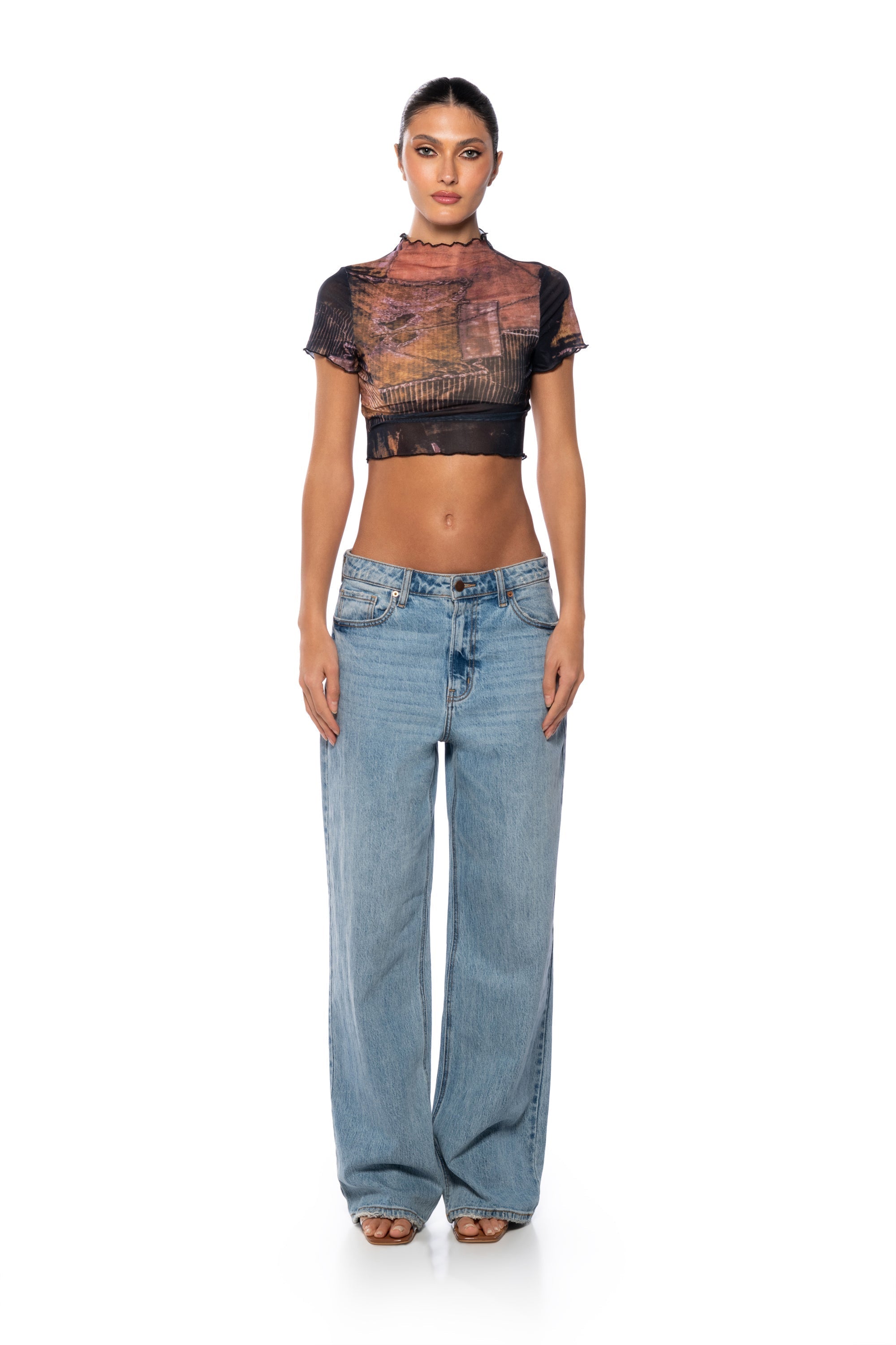 TIA LETTUCE HEM PRINTED MESH TEE