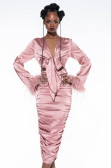 TIE FRONT REAL FEATHER SATIN MIDI DRESS