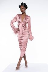 TIE FRONT REAL FEATHER SATIN MIDI DRESS