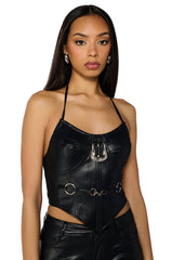 TIFFANY FAUX LEATHER HALTER NECK CORSET TOP