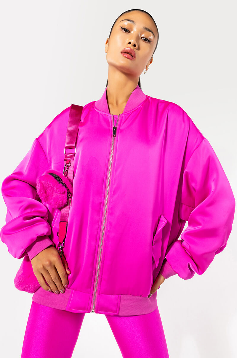 OVERSIZED SATIN BOMBER WITH RUCHED SLEEVES