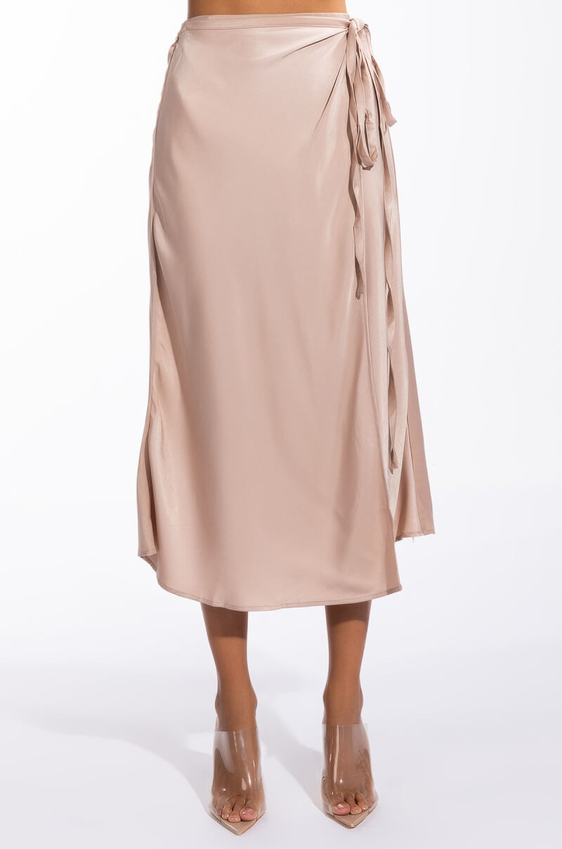 TO THE CHATEAU HIGH SLIT SATIN MIDI SKIRT