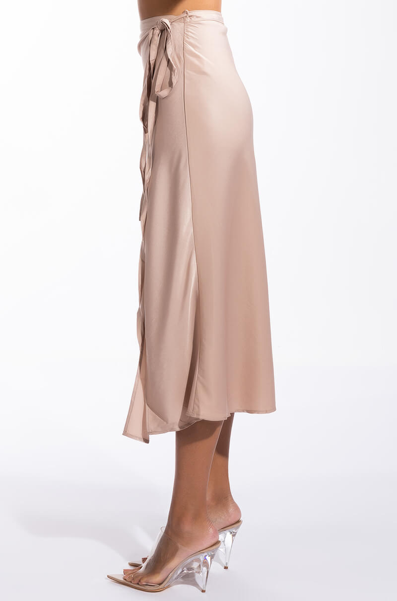TO THE CHATEAU HIGH SLIT SATIN MIDI SKIRT