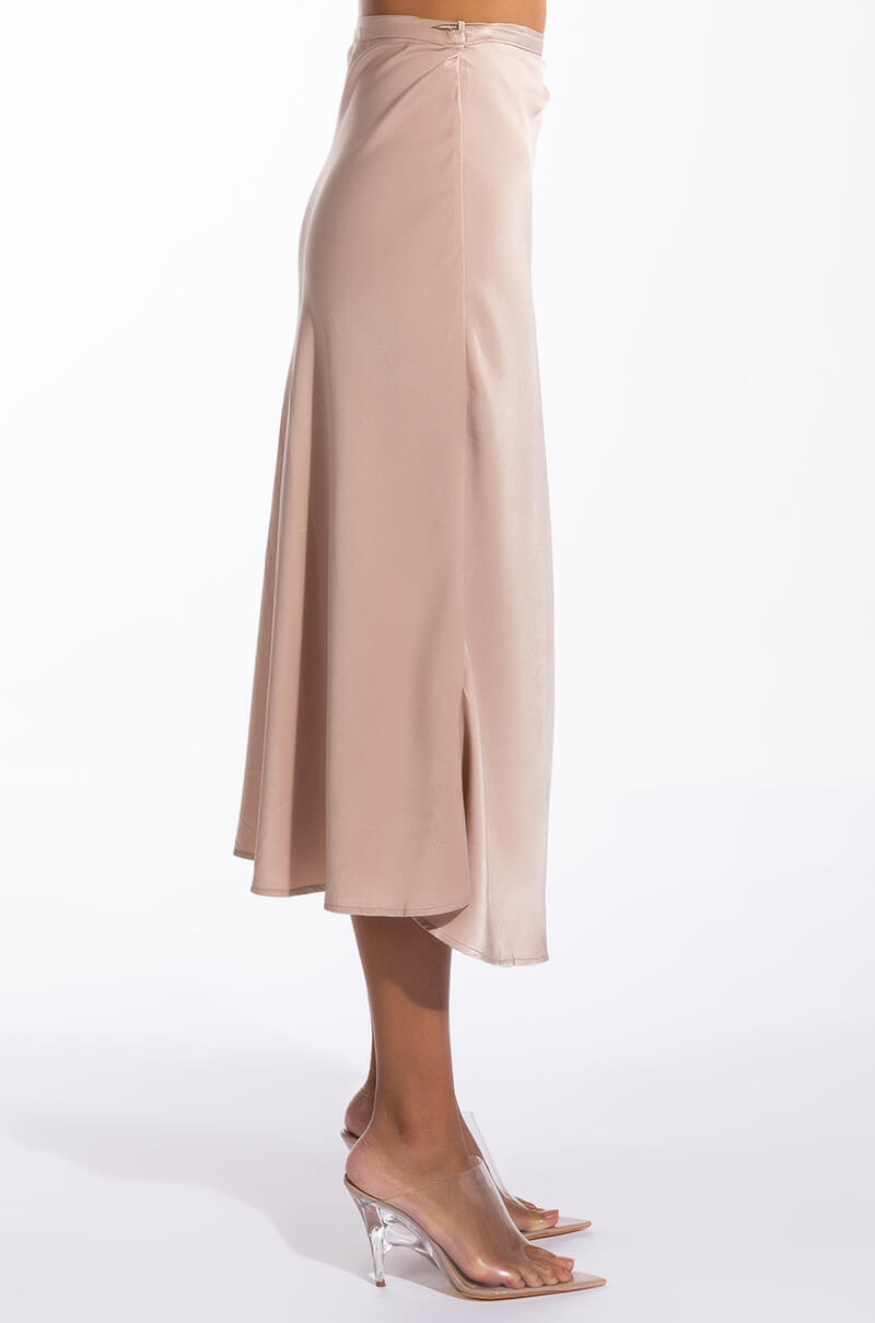 TO THE CHATEAU HIGH SLIT SATIN MIDI SKIRT