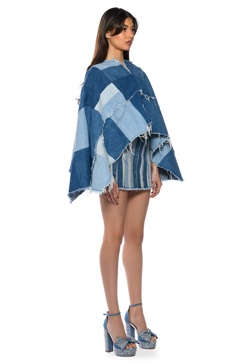 TO THE CHATEAU PATCHWORK DENIM PONCHO