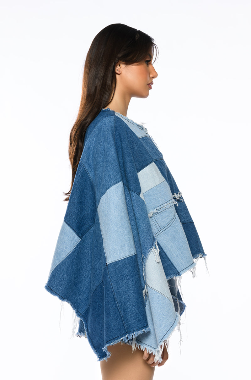 TO THE CHATEAU PATCHWORK DENIM PONCHO