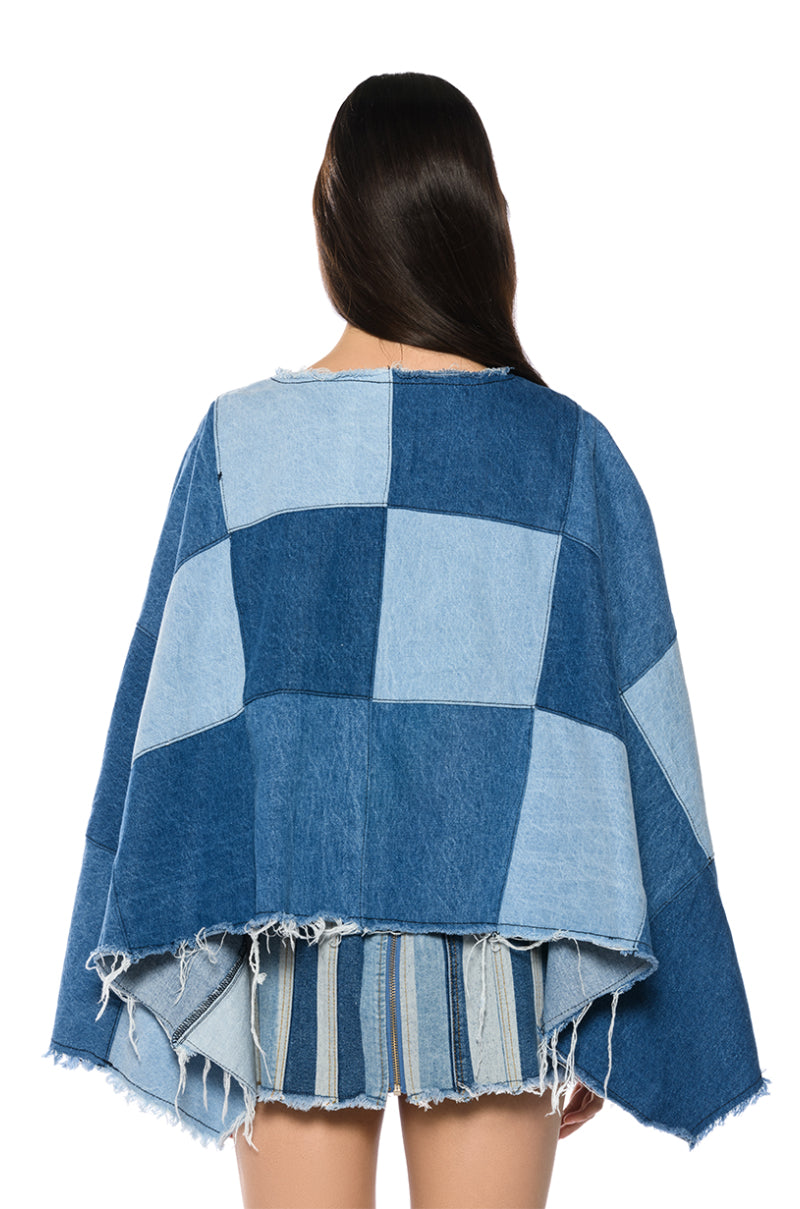 TO THE CHATEAU PATCHWORK DENIM PONCHO