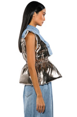 TO THE MOON METALLIC PUFFER VEST WITH DENIM