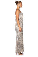 TOP OF THE WORLD STRAPLESS SEQUIN FRINGE MAXI DRESS IN SILVER MULTI