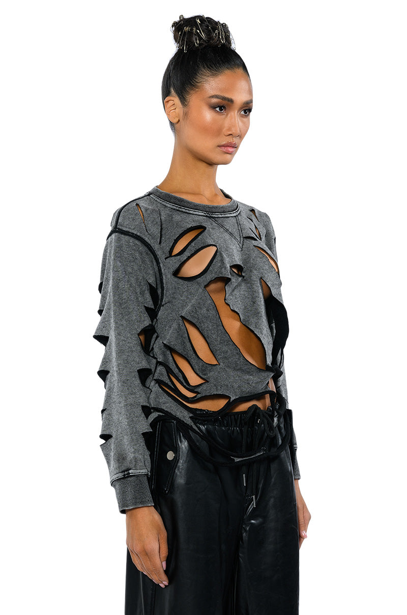 TORN HEART DISTRESSED LONG SLEEVE PULLOVER