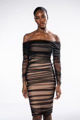 TRE CHIC LONG SLEEVE OFF THE SHOULDER MIDI DRESS