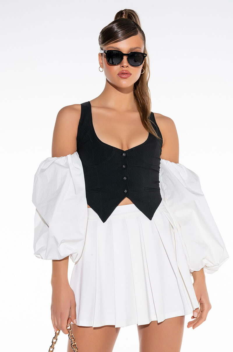 TRICKY PUFF SLEEVE TUXEDO BLOUSE