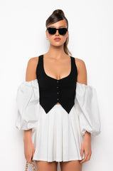 TRICKY PUFF SLEEVE TUXEDO BLOUSE