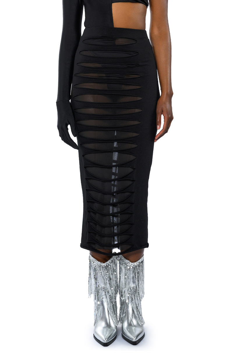 TRY ME DISTRESSED MIDI SKIRT