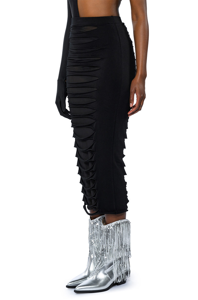 TRY ME DISTRESSED MIDI SKIRT